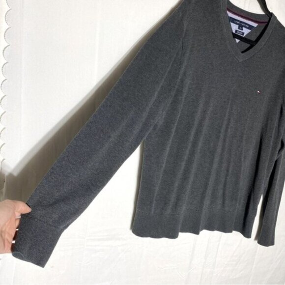 Tommy Hilfiger Grey Pima Cotton Knit V Neck Pullover Light Sweater L - Picture 10 of 13